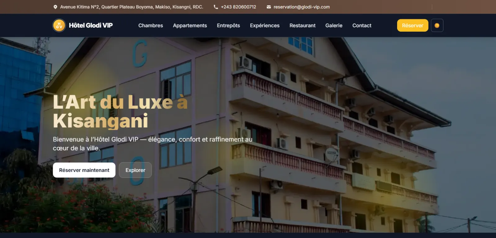 Page d'accueil du site de l'Hôtel Glodi VIP