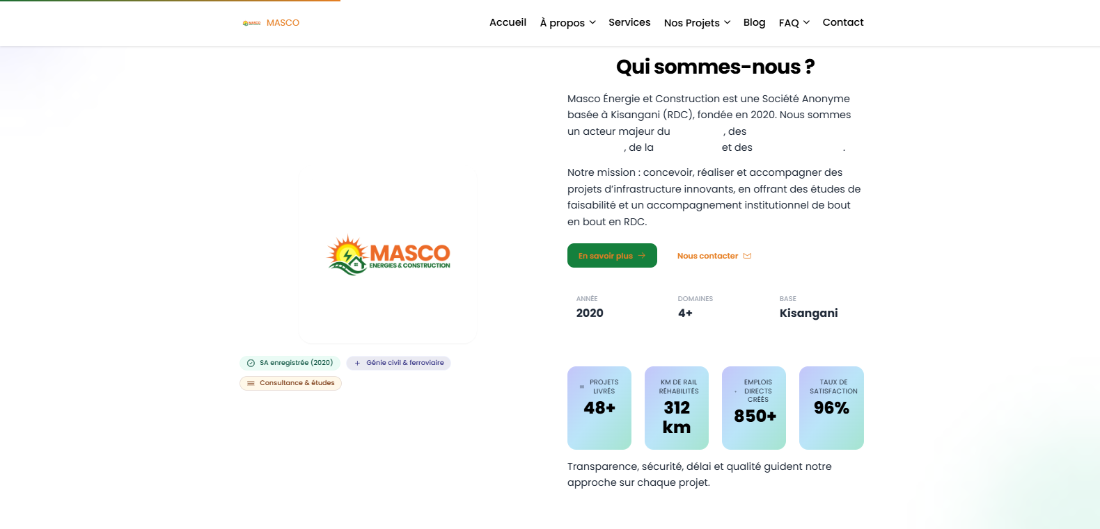 Page de présentation de Masco Energies et Construction